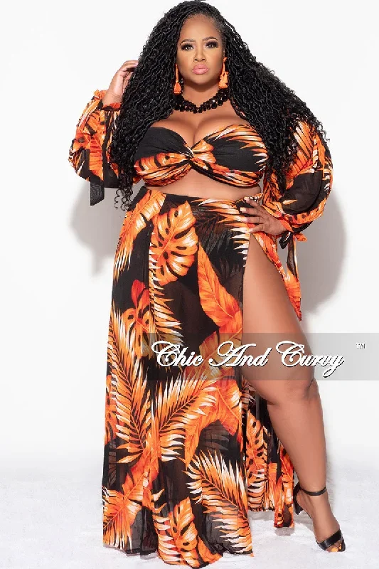 Final Sale Plus Size 3pc Playsuit Set in Burnt Orange Tropical Palm Print