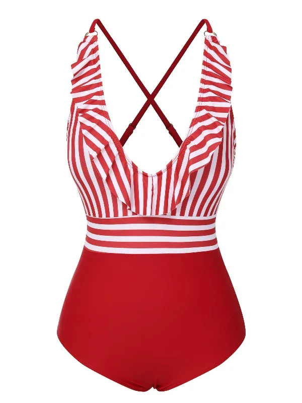 1950s Color Contrast Striped Ruffle Swimsuit