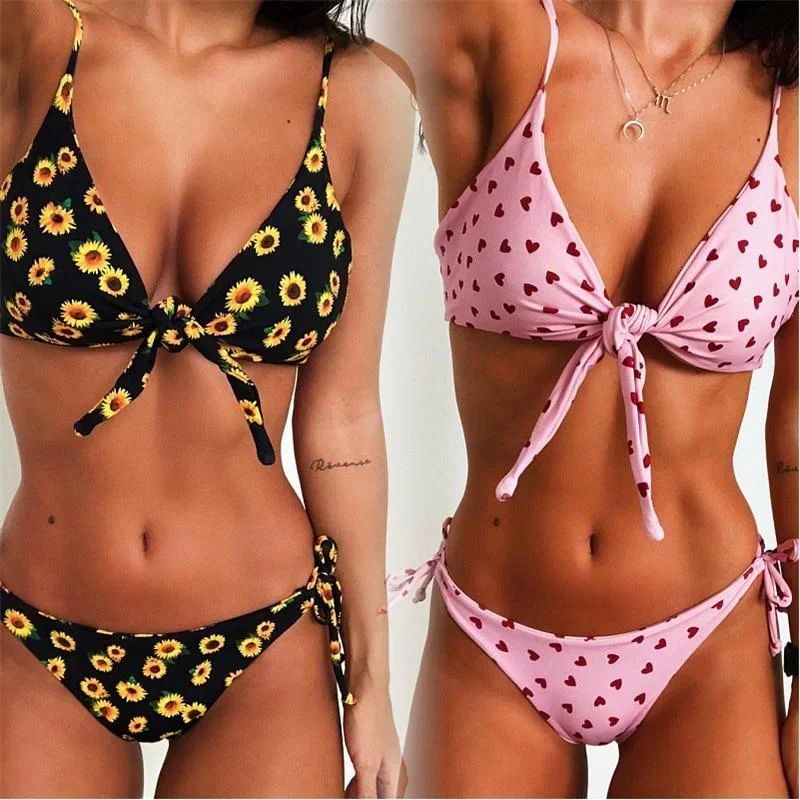 2020 Women Bandage Push-up Triangle Swimwear Bathing Suits Sunflower Print Padded Bra Bikini Set Swimsuit