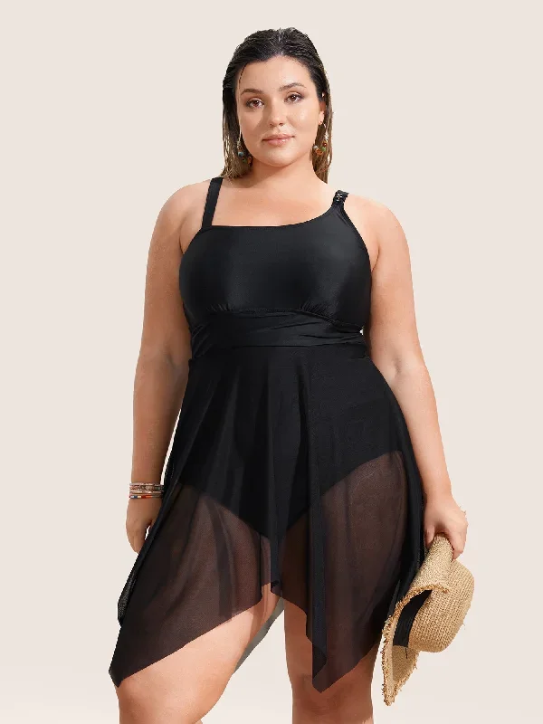 Asymmetrical Neck Mesh Patchwork Swim Dress