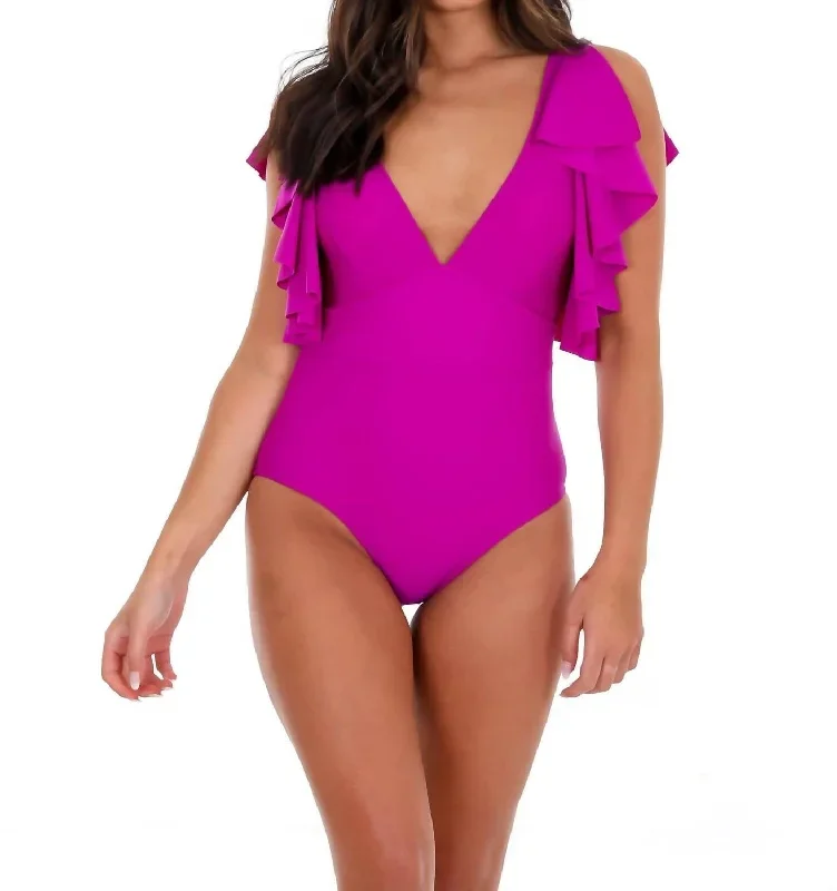 Beach Chic Ruffle Sleeve One Piece Swimsuit In Orchid