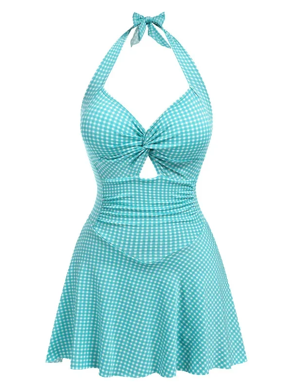 [Pre-Sale] Blue Green 1930s Plaid Halter One-Piece Swimsuit