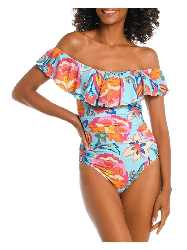 Breezy Off-the-shoulder Womens Ruffled Nylon One-Piece Swimsuit