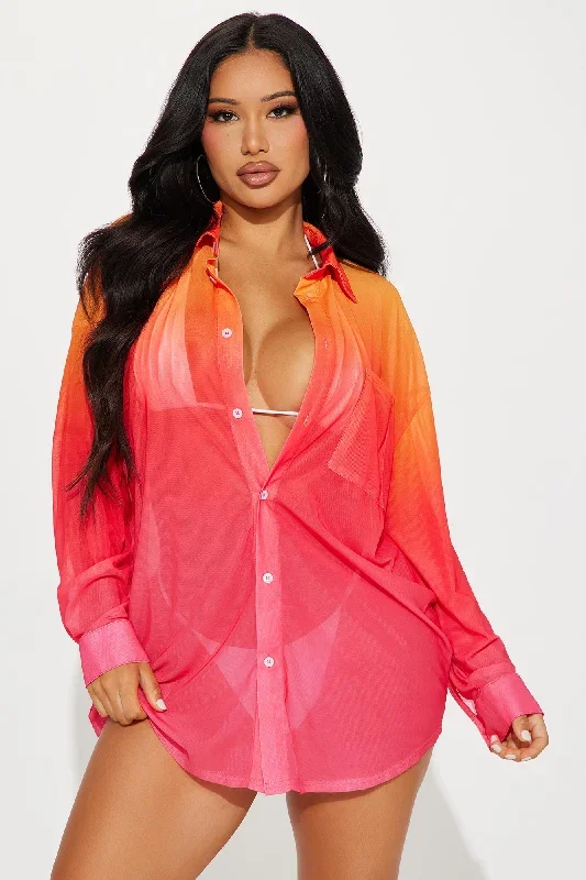 Normani Ombre Swim Cover Up Shirt - Red/combo