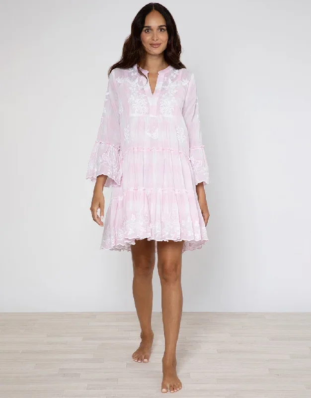 Butterfly Gingham Flared Sleeve Dress - Pink