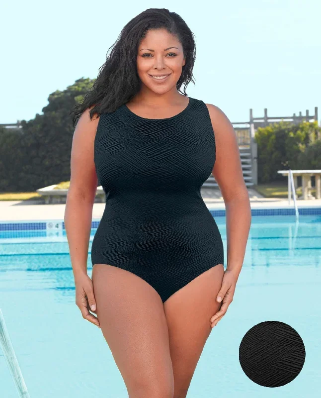 CHLORINE RESISTANT AQUAMORE BLACK SOLID SIGNATURE TEXTURED HIGH NECK PLUS SIZE SWIMSUIT