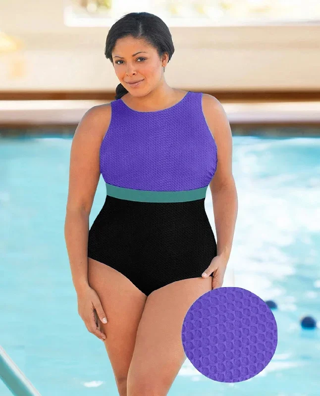 CHLORINE RESISTANT AQUAMORE PURPLE COLOR BLOCK TEXTURED HIGH NECK PLUS SIZE SWIMSUIT