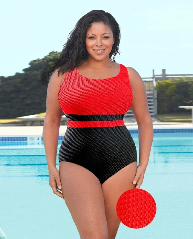 CHLORINE RESISTANT AQUAMORE SCARLET COLOR BLOCK TEXTURED SPORTY PLUS SIZE SWIMSUIT