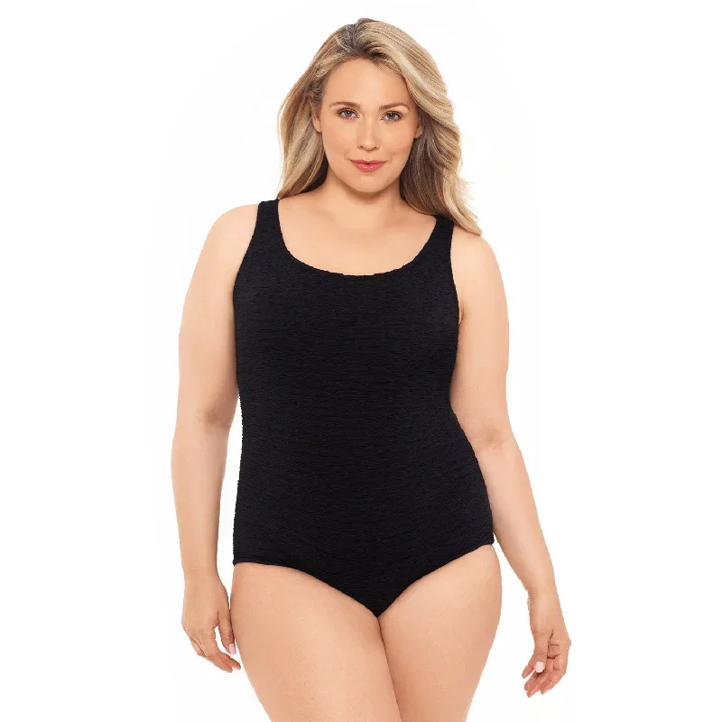 Krinkle Chlorine Resistant Swimwear, Polyester Plus Size Swimsuit - Black