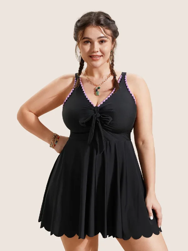 Contrast Embroidered Tie Knot Laser Cut Swim Dress