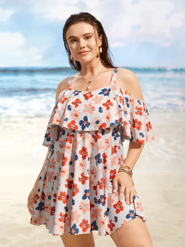 Contrast Floral One Shoulder Neck Ruffles Swim Dress