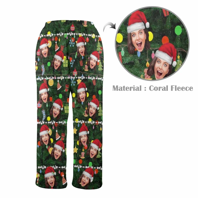 coral-fleece-pajama-trousers-custom-face-christmas-red-hat-tree-trinkets-warm-and-comfortable-sleepwear-long-pajama-pants-for-men-women