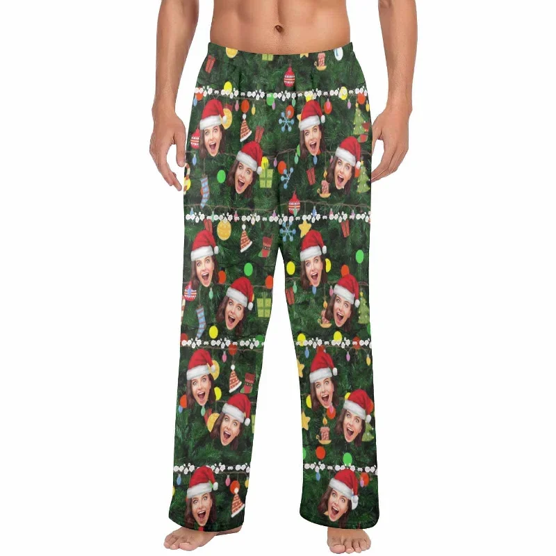 coral-fleece-pajama-trousers-custom-face-christmas-red-hat-tree-trinkets-warm-and-comfortable-sleepwear-long-pajama-pants-for-men-women