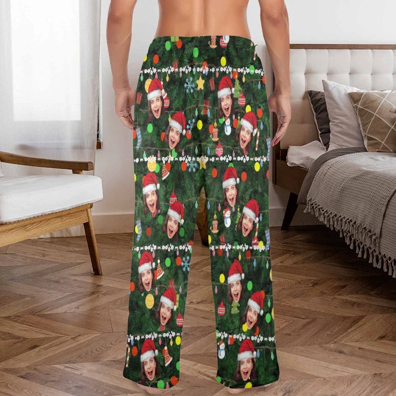 coral-fleece-pajama-trousers-custom-face-christmas-red-hat-tree-trinkets-warm-and-comfortable-sleepwear-long-pajama-pants-for-men-women