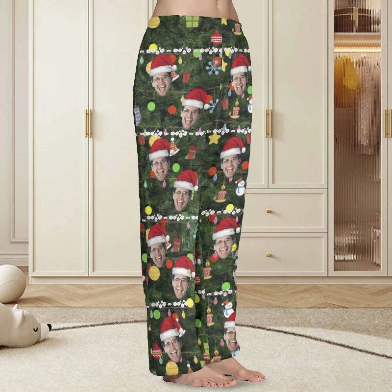 coral-fleece-pajama-trousers-custom-face-christmas-red-hat-tree-trinkets-warm-and-comfortable-sleepwear-long-pajama-pants-for-men-women