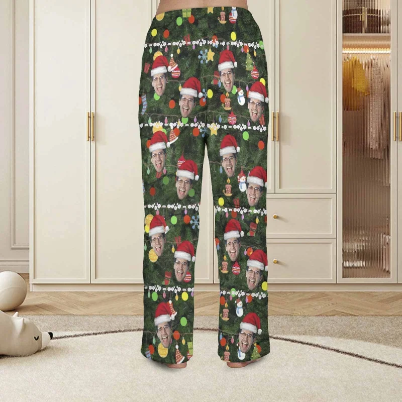 coral-fleece-pajama-trousers-custom-face-christmas-red-hat-tree-trinkets-warm-and-comfortable-sleepwear-long-pajama-pants-for-men-women