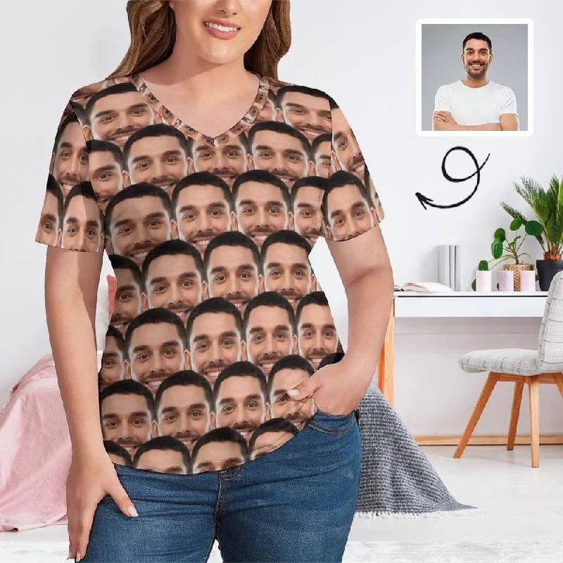 #Plus Size T-shirt-Custom Face Seamless Boyfriend Plus Size V Neck T-shirt for Her Design Your Own Shirt Gift