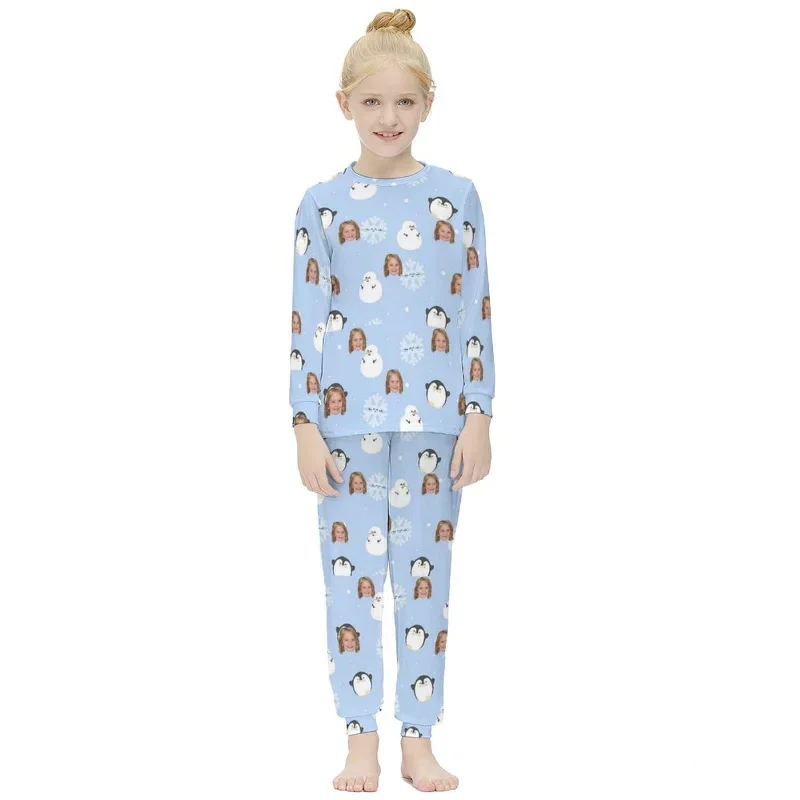 custom-face-snowmen-snowflakes-girls-long-sleeve-pajamas-set