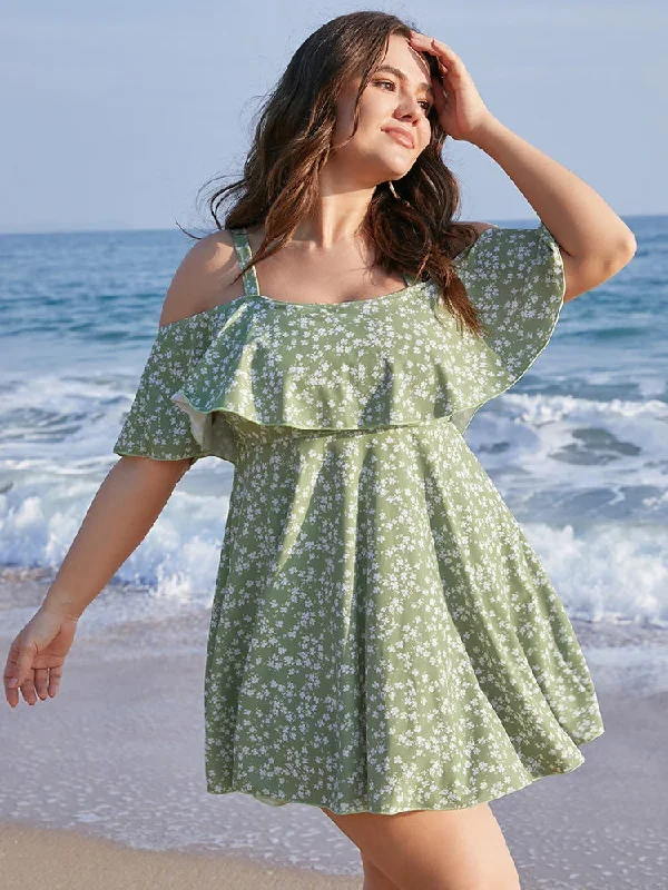 Ditsy Floral Cold Shoulder Sculpt Waist Ruffles Swim Dress