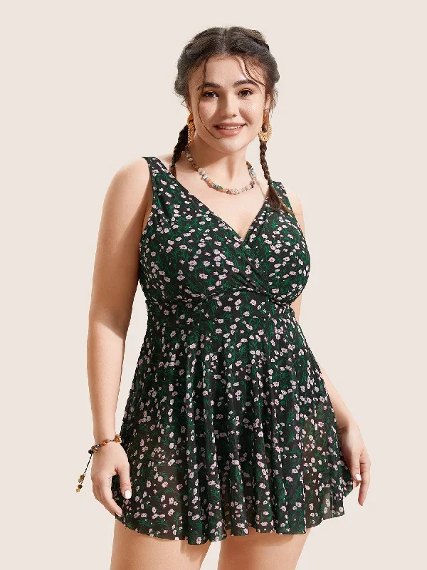 Ditsy Floral See Through Gathered Swim Dress