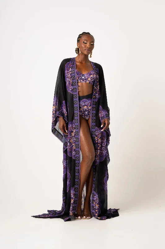 ENANG BLACK LONG KAFTAN CHIFFON KIMONO