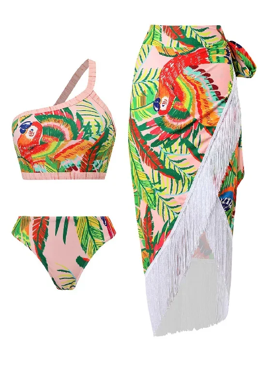 Ensemble de bikini imprimé orange 3 pièces avec robe de plage à gland