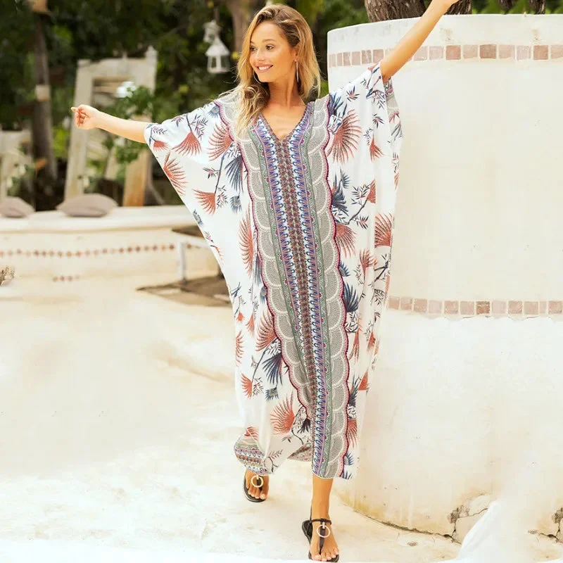 FashionSierra-2024 Maxi Tunic  Women  Kaftan  Summer  Swim Cover Up  Cotton Rayon  Floral Print  Loose  Beach Robe Boho Dress