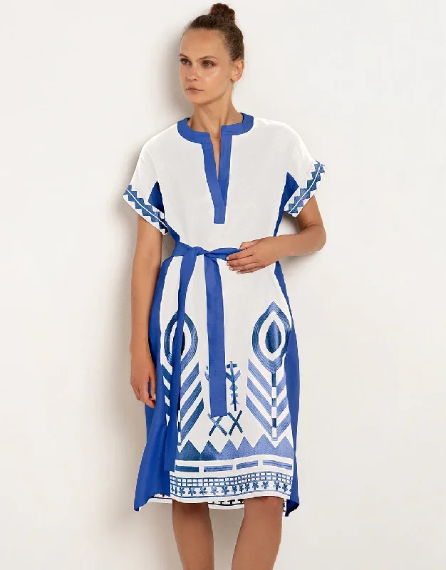 Feathers Kaftan Tunic - White and Blue