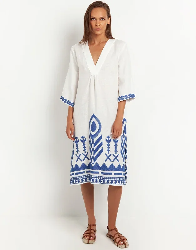 Feathers V Neck Midi Kaftan - White and Blue