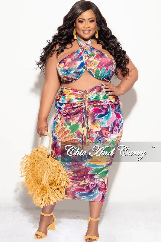 Final Sale Plus Size 2pc Halter Top and Ruched Skirt Set in Floral Multi Color Print Summer