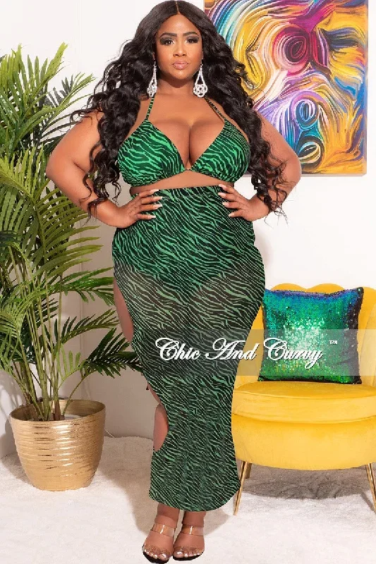 Final Sale Plus Size 3pc Poolside Playsuit (Bikini Top, High Waist Bottoms & Skirt) Mesh Set in Neon Green and Black Zebra Print