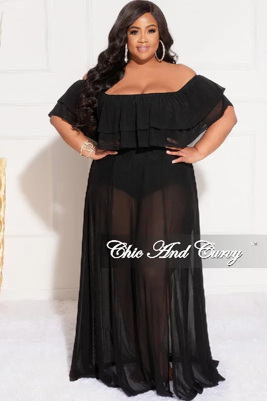 Final Sale Plus Size Off the Shoulder Mesh Ruffle Bodysuit Dress with Double Slits in Black