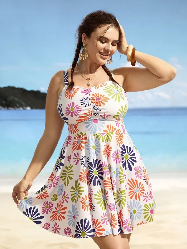 Floral Heart Neckline Ruched Swim Dress