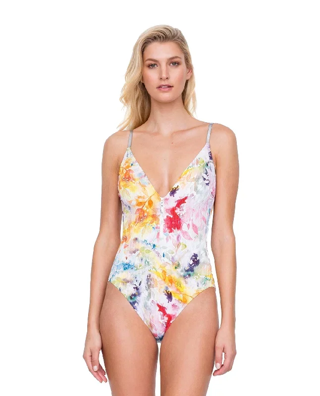 Gottex Aquarelle Plunge Zip Front Strappy Back One Piece Swimsuit