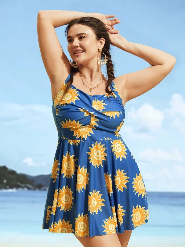 Heart Neckline Sun Print Crossover Swim Dress