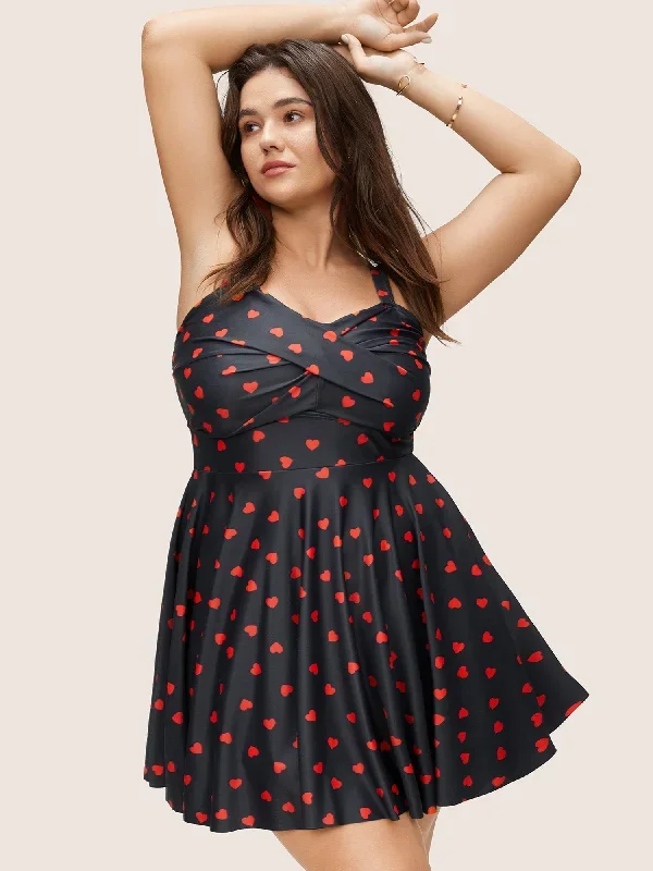 Heart Print Crossover Adjustable Straps Swim Dress