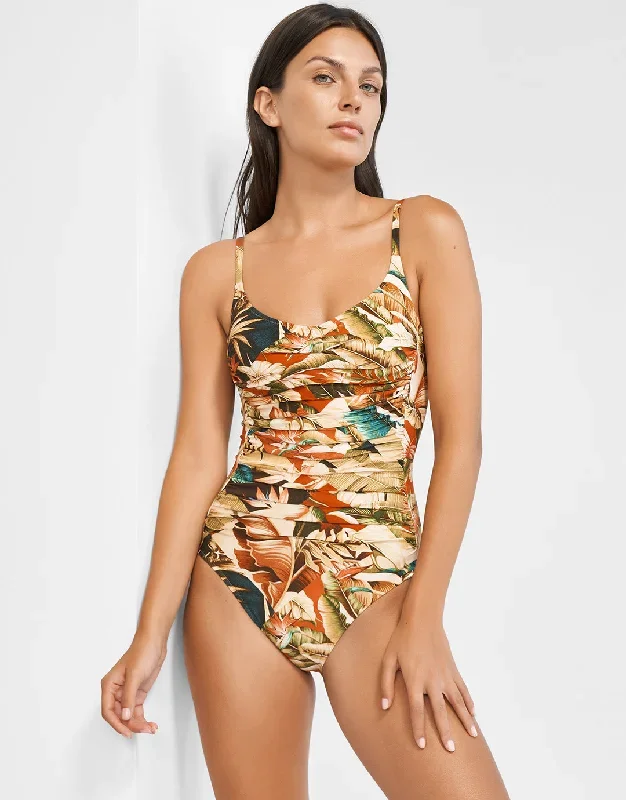 Hypnotic Ruched Underwired Swimsuit - Sepia Leaves