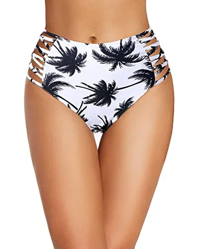 Lace Up High Waisted Bikini Bottom Tummy Control Swim Shorts-Black Palm Tree