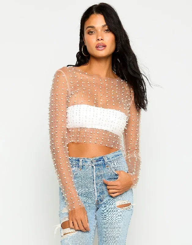 Look & Glisten Pearl Mesh Top - Nude