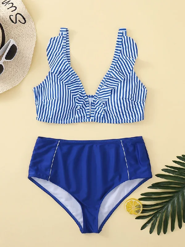 lovely-blue-striped-print-two-piece-swimsuit-bikini-set