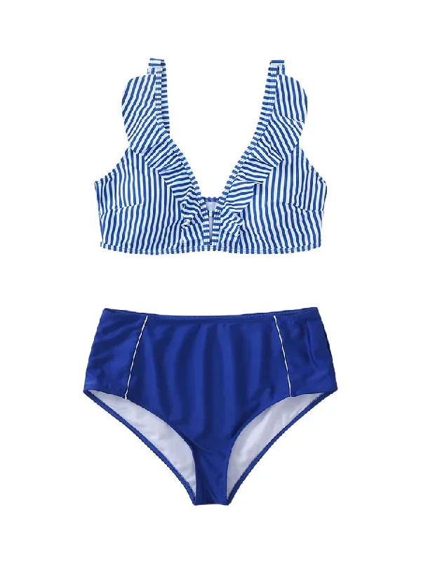 lovely-blue-striped-print-two-piece-swimsuit-bikini-set