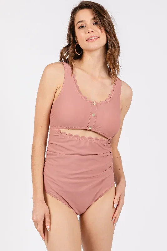 Mauve Scalloped Cutout Ruched One Piece Swimsuit