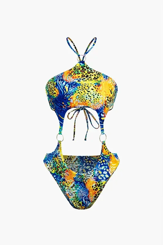 Abstract Print Cut Out One-Piece Swimsuit