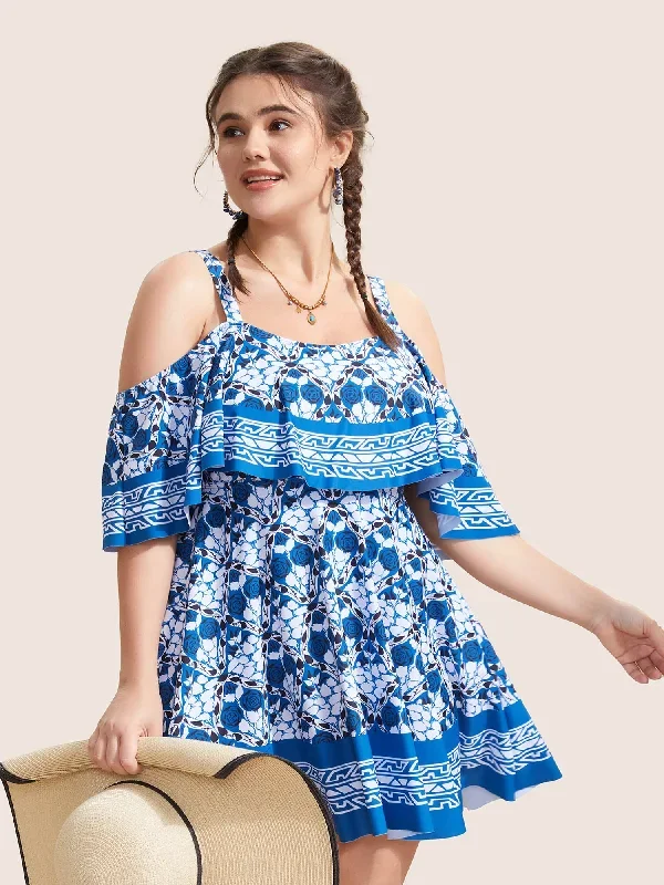 Off Shoulder Boho Print Ruffle Trim Swim Dress