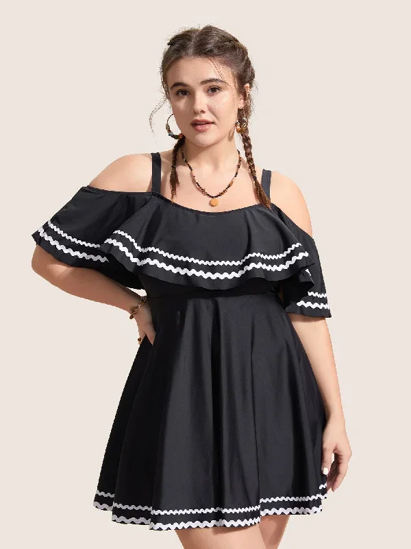 One Shoulder Neck Woven Ribbon Swim Dress