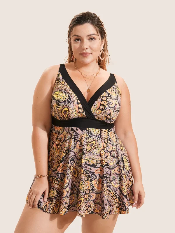 Paisley Print Wrap Contrast Trim Swim Dress