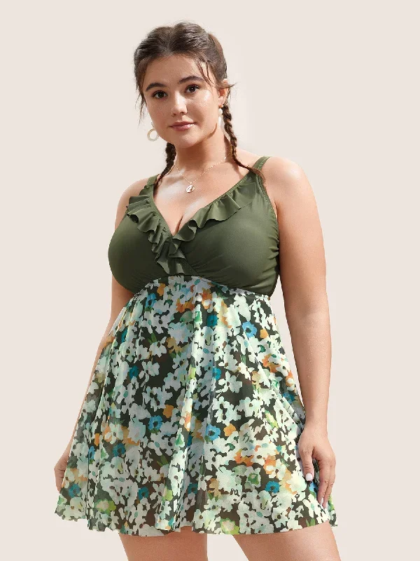 Patchwork Ditsy Floral Ruffles Swim Dress