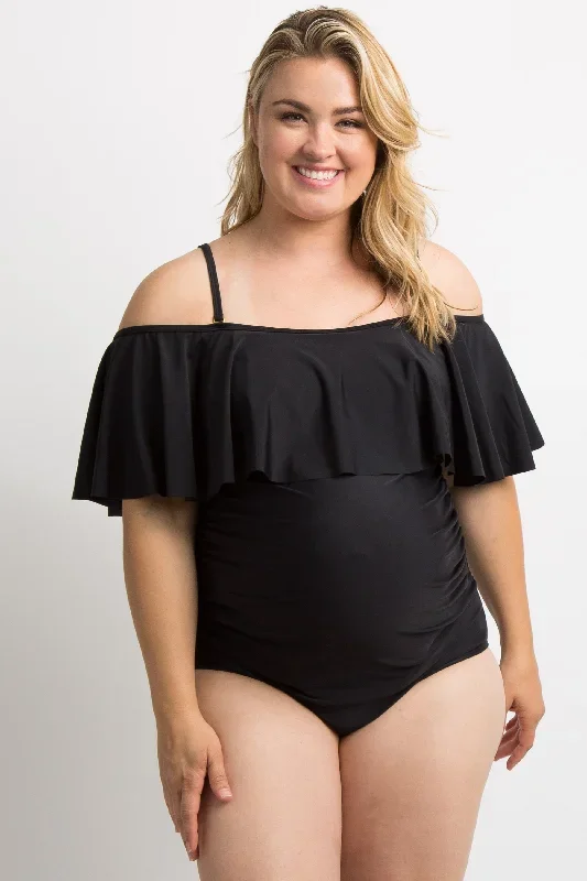 PinkBlush Black Ruffle Trim Ruched One-Piece Maternity Plus Swimsuit