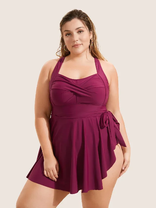 Plain Crossover Knotted Asymmetrical Hem Swim Dress