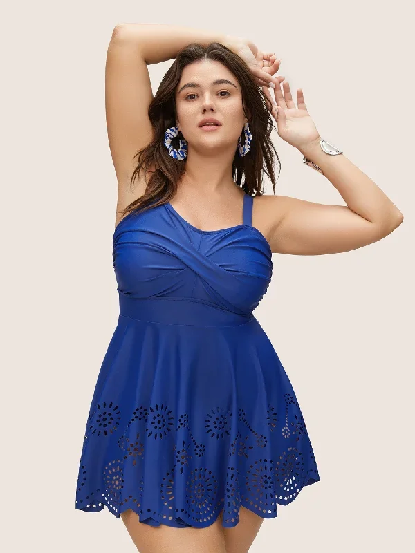 Plain Crossover Laser Cut Cami Swim Dress